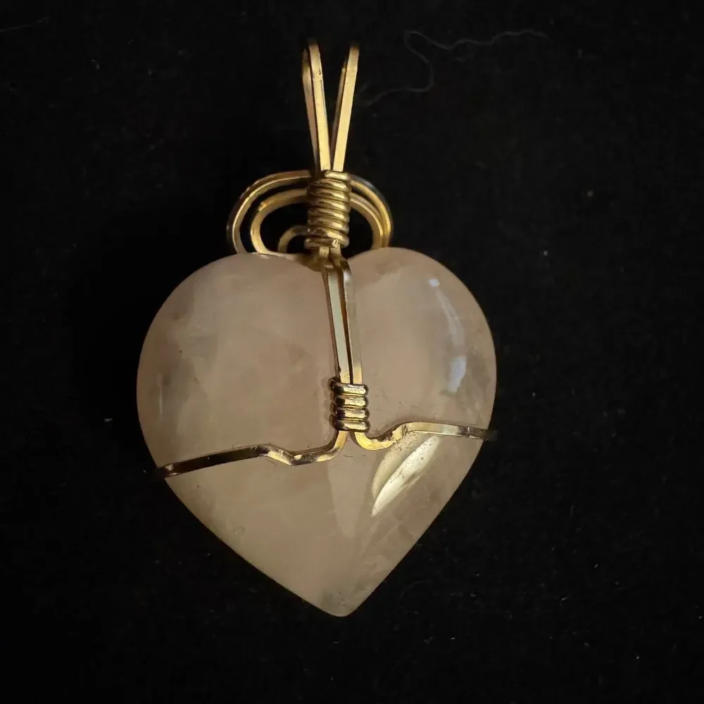 Vintage Pink Stone Heart Pendant Wrapped with Gold Wire